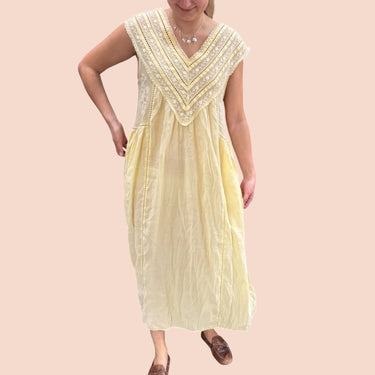 Robe maxi jaune avec fleurs brodées en coton et poly pour femmes S