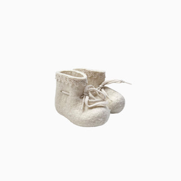 Pantoufles vanilles avec broderie anglaise en laine bouillie 11.5CM 3-6M