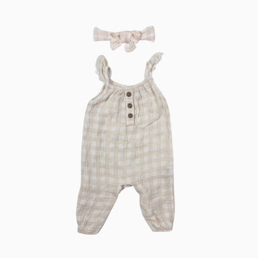 Combi à vichy pêche en mousseline avec bandeau 3-6M