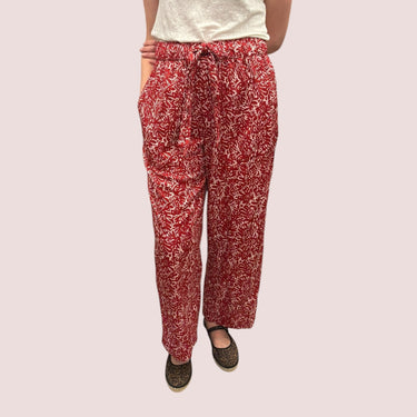 Pantalon fleurs rouges en coton et cupro pour femmes 10US