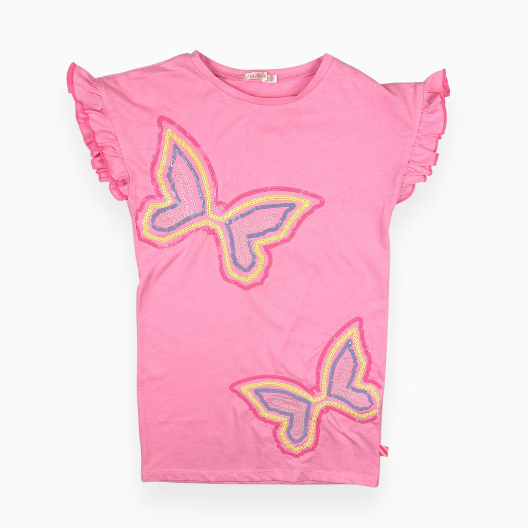 Robe rose fluo en coton avec appliqué papillons en paillettes 4Y