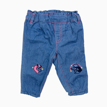 Pantalon en coton chambray avec broderies licorne et chien 6M