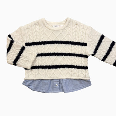 Pull crème à rayures marines en acrylique, poly avec chemise intégré 18-24M