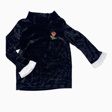 Haut noir à col mock en velours avec écusson de roses et broderie anglaise 6-7Y