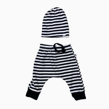 Pantalon et bonnet à rayures noires en coton bio 0-6M