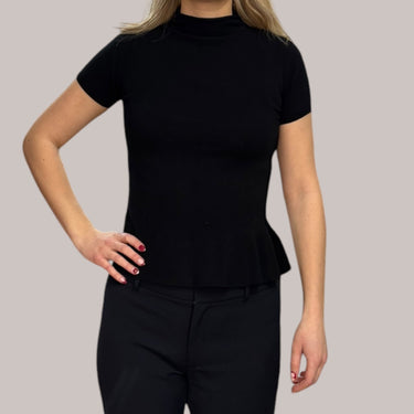 Pull noir à manches courtes en fin tricot de poly pour femmes XS