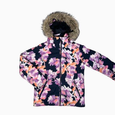 Manteau d'hiver fleuri mauve et orangé avec fausse-fourrure amovible L 12Y
