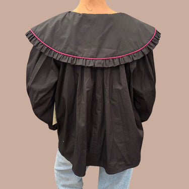 Tunique à col large noire avec bordure colorée en coton pour femmes M