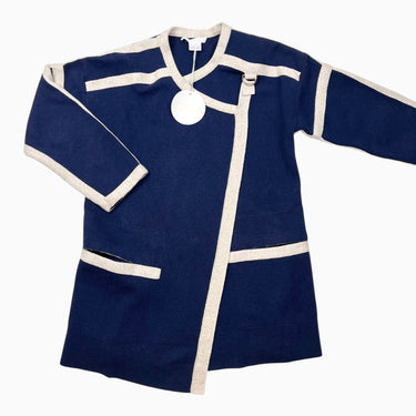 Cardigan long marine et vanille avec fil doré en tricot de laine et coton 8Y
