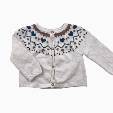 Cardigan greige 'fairisle' en tricot de coton, laine et poly 18M