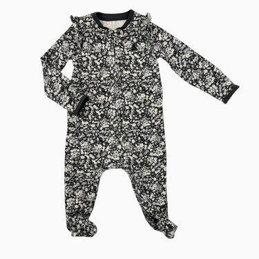Pyjama fleuri noir et blanc à volant en coton bio 3-6M