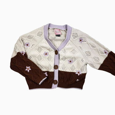 Cardigan vanille et noisette 'fleurs brodées' en tricot 5-6Y