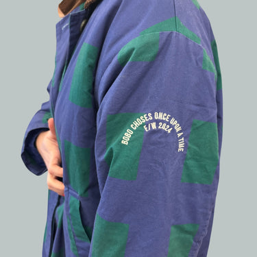 Manteau bleu à motifs verts et col en corduroy pour femmes XL