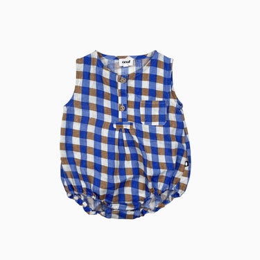 Barboteuse à vichy bleue et latté en lin 3-6M