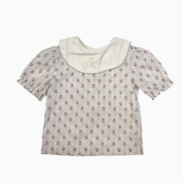 Blouse à col large vanille à rayures et fleurs vintage 6Y