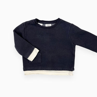 Pull bleu marine et blanc en coton ouaté et poly 3-6M