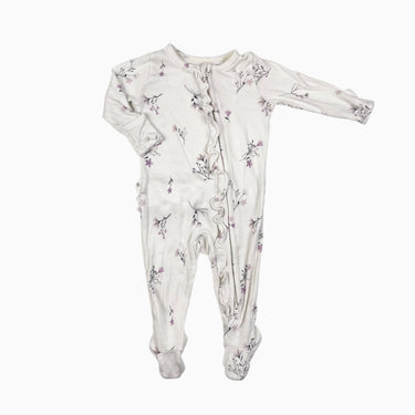 Pyjama crème avec froufrous fleuri mauve côtelé en modal et spandex 3-6M