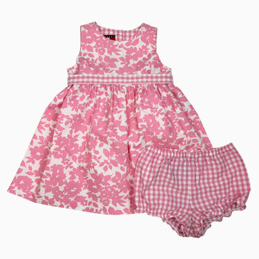Robe avec bloomer en coton à motif floral et vichy rose 18-24M