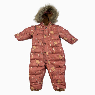 Habit de neige terracotta 'orignaux' avec fausse-fourrure amovible 9-12M