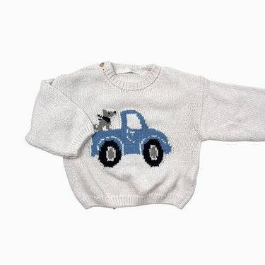 Pull blanc 'camionette avec chien' en tricot 6-9M