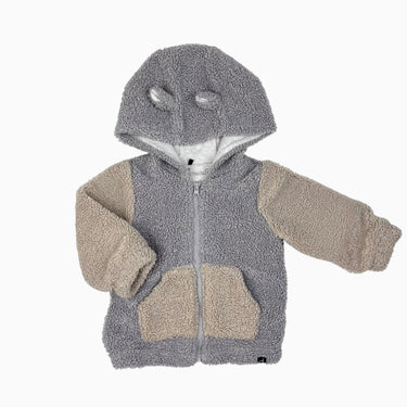 Veste à capuchon gris et beige en shepa bouclé 9M