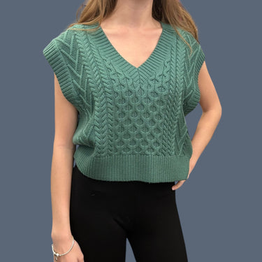 Débardeur vert en tricot de laine mérinos torsadé pour femmes XS