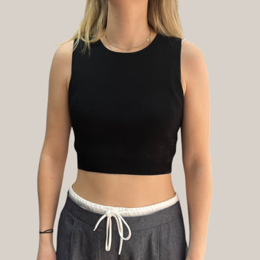 Haut noir 'cropped' sans manche en tricot de viscose et polyamide pour femmes S