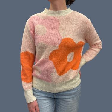 Pull rosé 'marguerites' en tricot de laine,mohair et poly pour femmes S