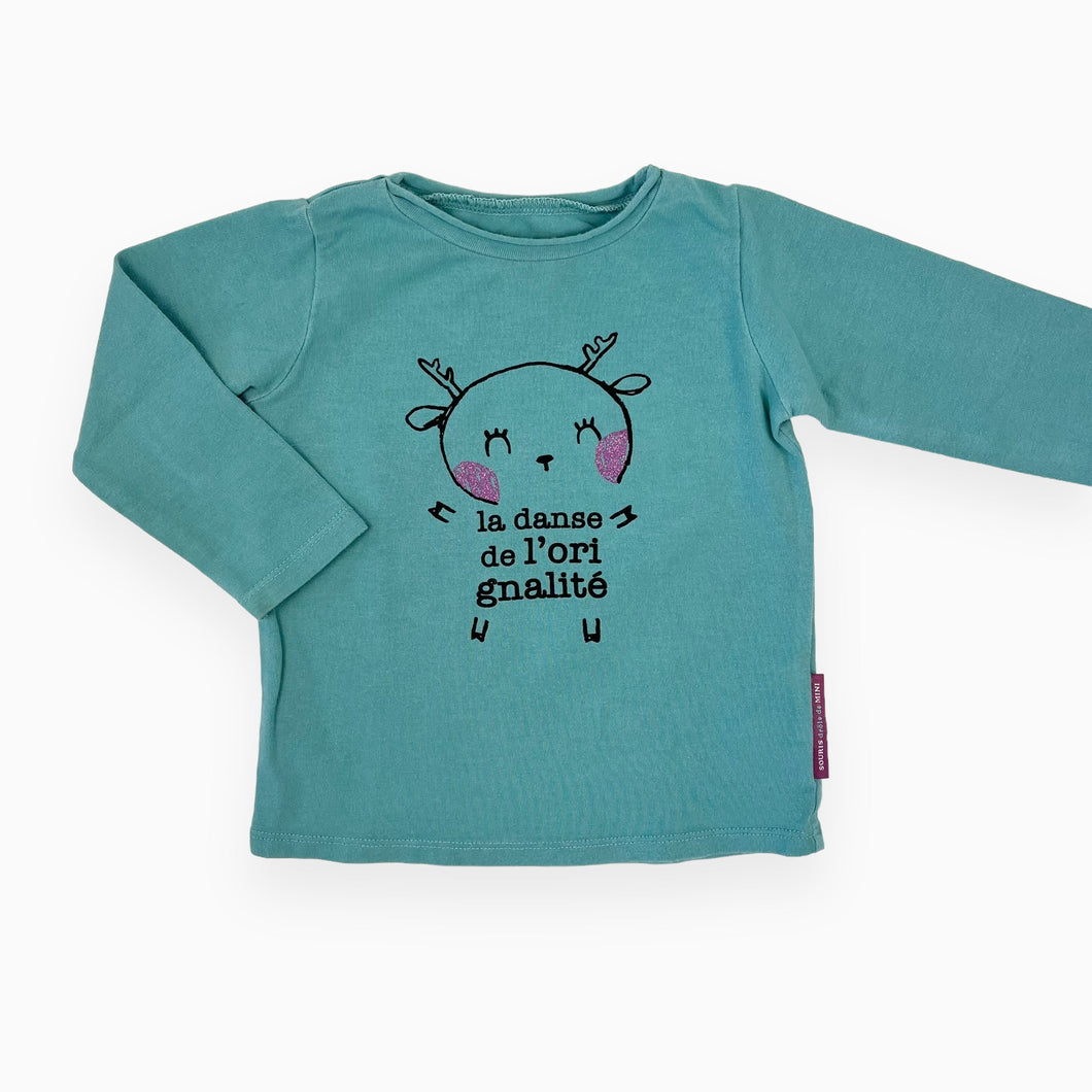 Chandail aqua en coton imprimé renne 6-9M