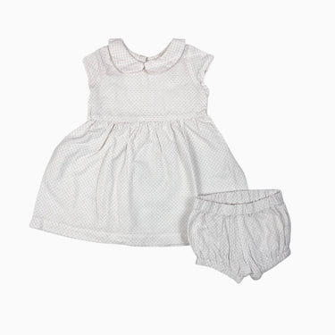 Robe à col claudine avec bloomer blanche à pois rose en lin et coton 9-12M