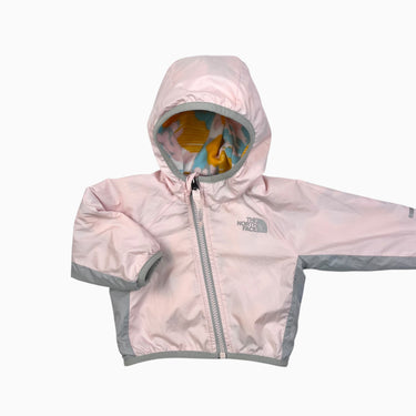 Manteau style coupe-vent rose réversible à motifs 'feuillage' aqua en polar 0-3M