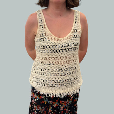 Cami crème en coton et poly crocheté et à franges pour femmes L