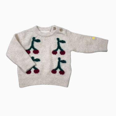 Pull vanille 'cerises' en laine de mérinos, viscose et poly 3M