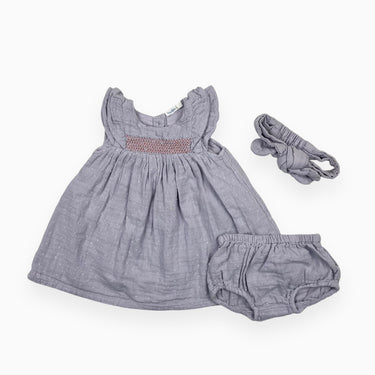 Robe lilas en coton point d'esprit avec bloomer et bandeau 3M