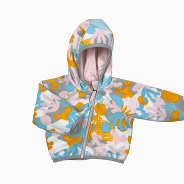 Manteau style coupe-vent rose réversible à motifs 'feuillage' aqua en polar 0-3M