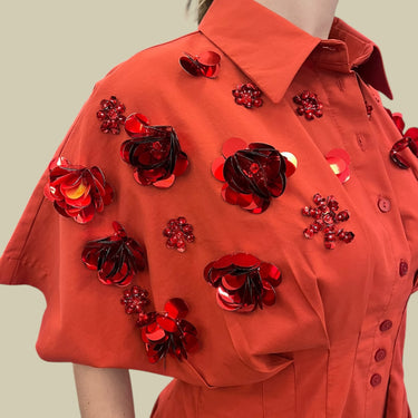 Robe rouge avec fleurs en paillettes en coton et poly pour femmes S