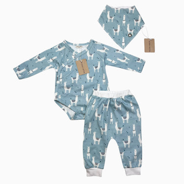 Ensemble cache-couche, pantalon et bavoir aqua 'lamas' 0-3M