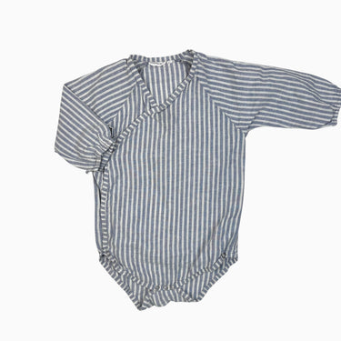 Barboteuse à rayures bleues et crèmes en lin 2Y