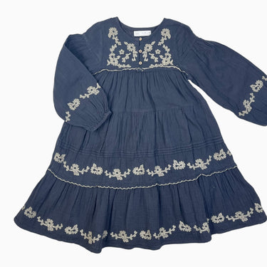 Robe maxi anthracite fleurie en mousseline avec broderie 7Y