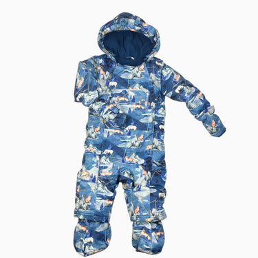 Combi d'hiver bleue 'animaux' doublée en polar avec mitaines et chaussons 18M