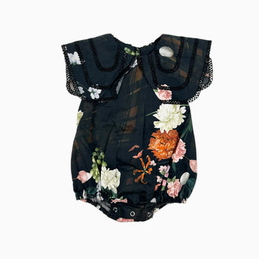 Barboteuse à col large noire fleurie 12-18M