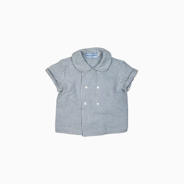 Blouse vintage à col claudine à rayures bleues 9M