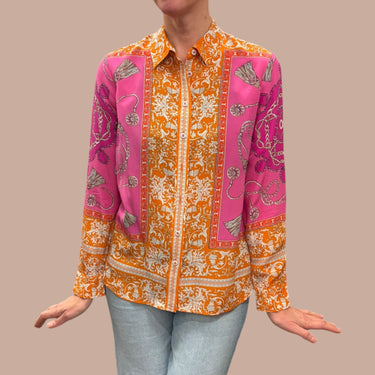 Chemise orange et fushia à motifs en soie pour femmes 8US
