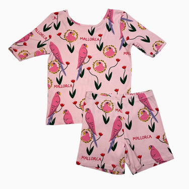 Ensemble rose t-shirt et biker short 'perroquets' 7-9Y