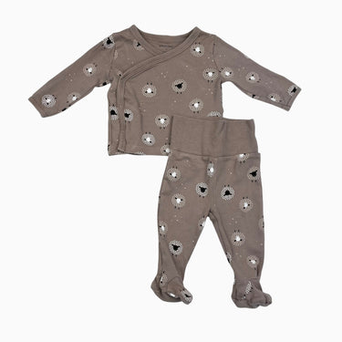Ensemble cache-coeur et pantalon à pieds taupe en coton bio à imprimé moutons 6M