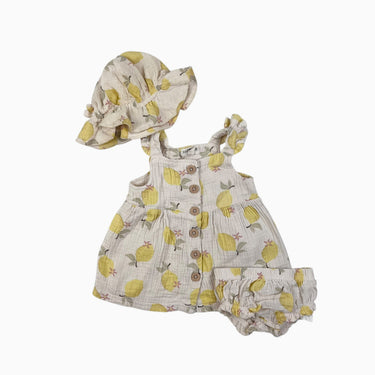 Robe avec bloomer et chapeau vanille 'citrons' en mousseline 3-6M