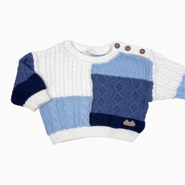Pull bleu et blanc 'patchwork' en tricot torsadé 0-3M