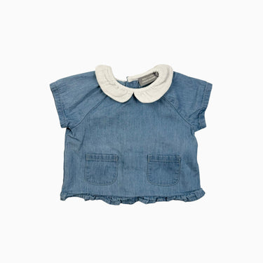Blouse bleue à col claudine blanc en coton chambray 3M