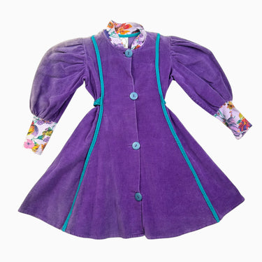 Robe vintage violette en corduroy avec détail floral fait aux États-Unis 4Y