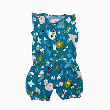 Combi short bleue-aqua en viscose 'fleurs et oiseaux' 12-18M